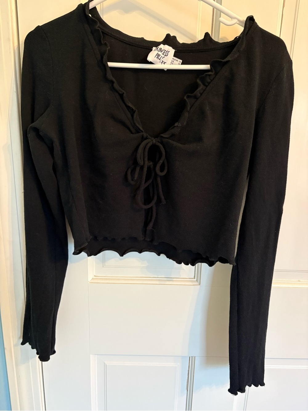 Princess Polly Black Ribbed Lace-Up Cropped Long Sleeve Top